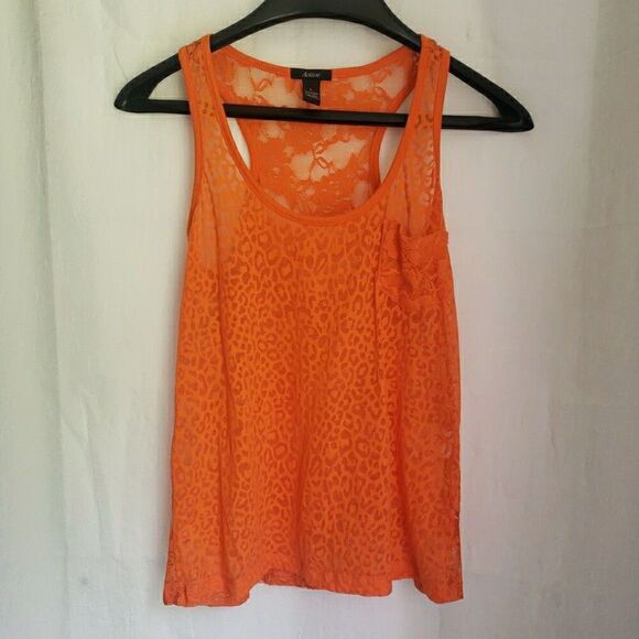 Y2k Tank Top Orange Floral Lace Back Sheer Cheetah Front 90's 2000s Women's Sz L - Picture 1 of 11